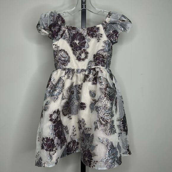 Rare Editions Girls Dress-6 girl-floral with metallic, fully lined puff sleeves - Picture 1 of 8